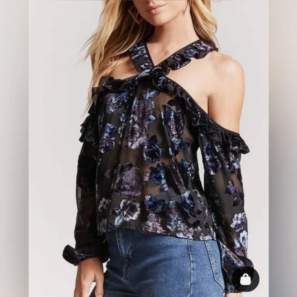 FOREVER 21 Halter Off Shoulder Long Sleeve Top Floral Velvet Sheer Size Small